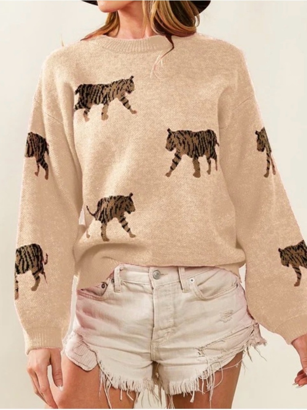 BIBI Tabitha Tiger Pattern Knit Sweater XL Oversized Casual Oatmeal/Beige
